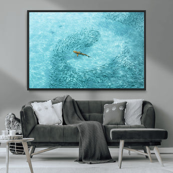 43671474-MGV-CV-36X24-Fish Swarm Wall Art Canvas Print, Framed Marine Life Art Picture Print, Shark Aerial Perfect Wildlife Coastal Decor Artwork