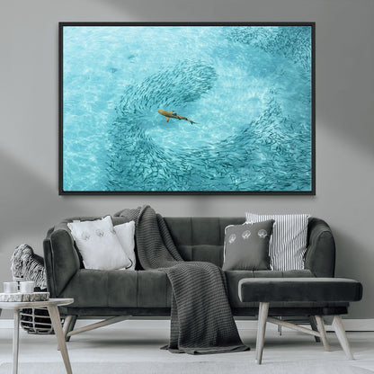 43671474-MGV-CV-36X24-Fish Swarm Wall Art Canvas Print, Framed Marine Life Art Picture Print, Shark Aerial Perfect Wildlife Coastal Decor Artwork