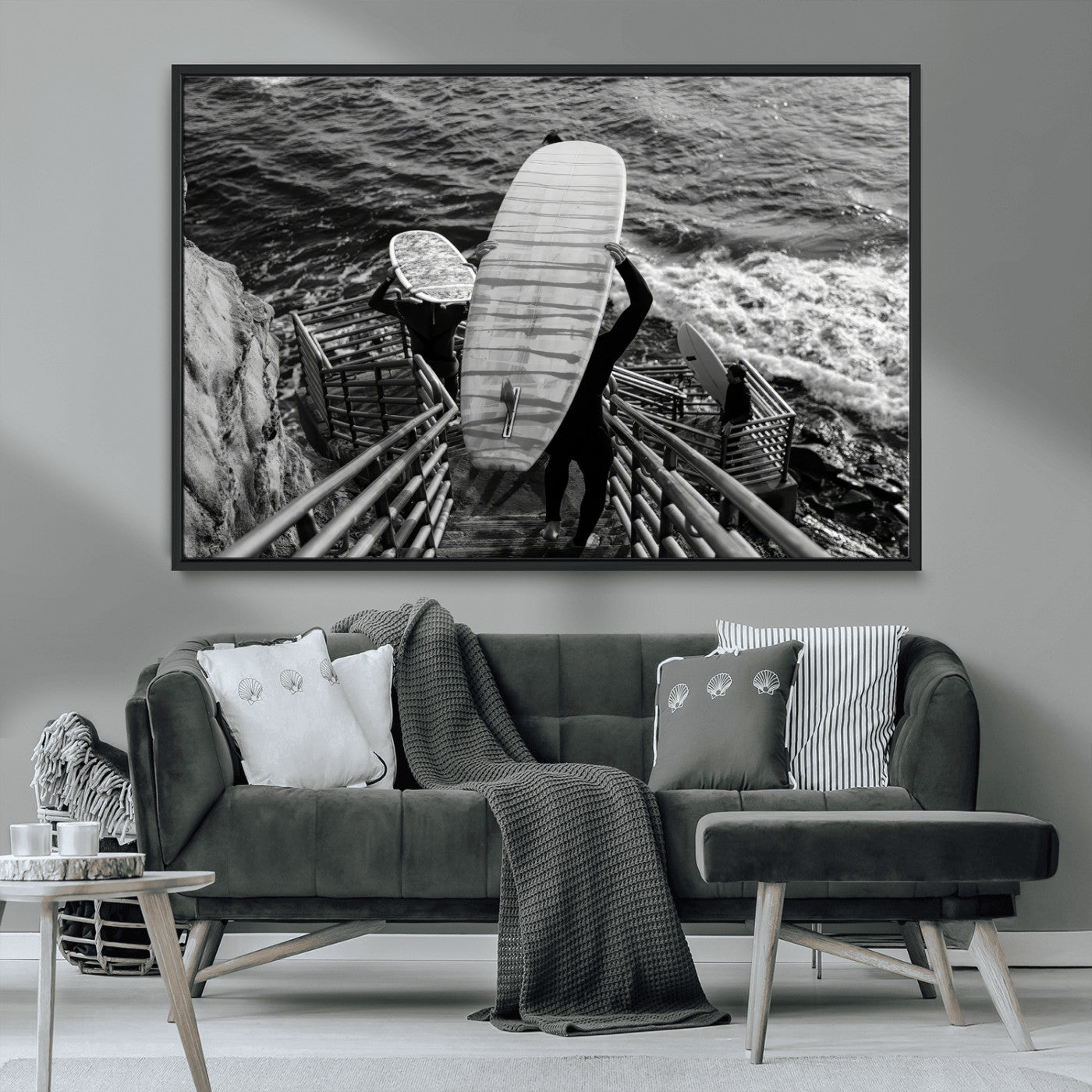 32353707-MGV-CV-36X24-Black White Surfing Wall Art Canvas Print, Framed Coastal Surfing Art Picture Print, Wave Riders Perfect Coastal Adventure Decor