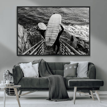 32353707-MGV-CV-36X24-Black White Surfing Wall Art Canvas Print, Framed Coastal Surfing Art Picture Print, Wave Riders Perfect Coastal Adventure Decor