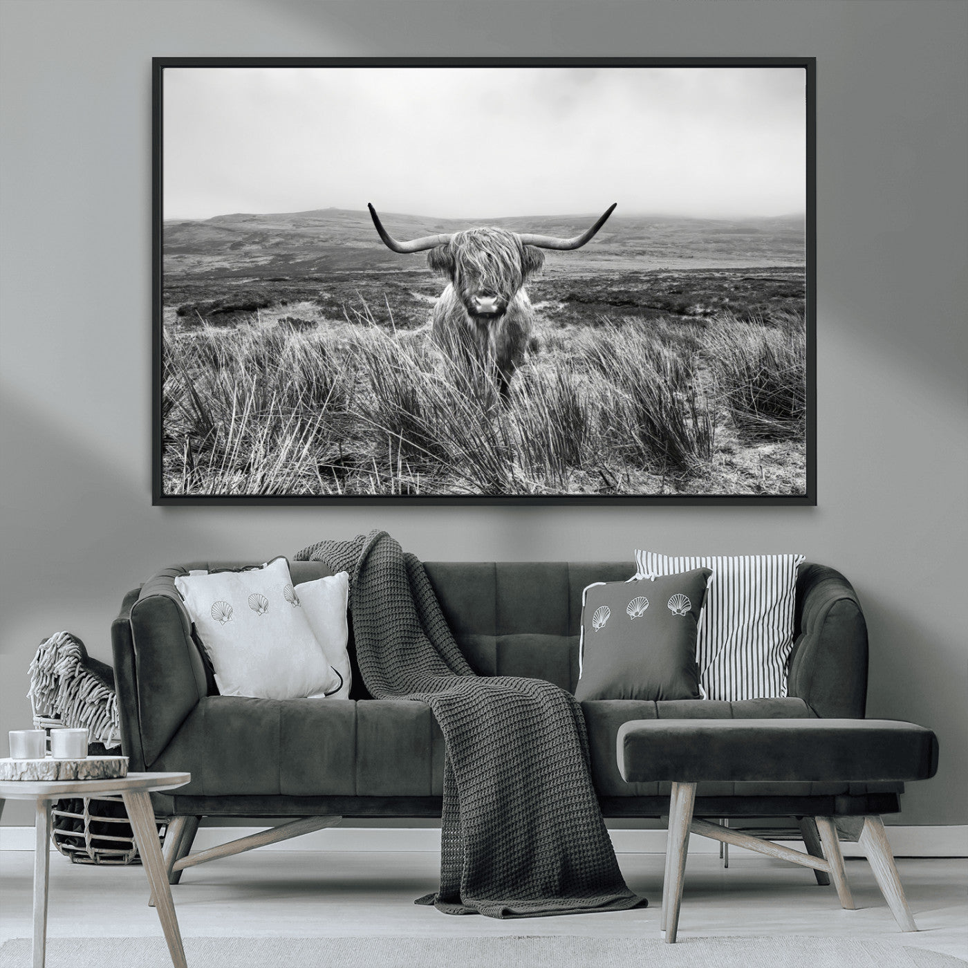 24051061-MGV-CV-36X24-Monochrome Highland Cow Wall Art Canvas Print, Framed Scottish Bull Art Picture Print, Lone Cattle Perfect Rustic Farmhouse Decor