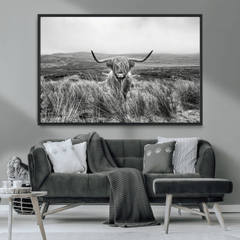 24051061-MGV-CV-36X24-Monochrome Highland Cow Wall Art Canvas Print, Framed Scottish Bull Art Picture Print, Lone Cattle Perfect Rustic Farmhouse Decor