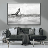 69798068-MGV-CV-36X24-Black White Surfing Wall Art Canvas Print, Framed Ocean Horizon Art Picture Print, Surfer Girl Perfect Coastal Adventure Decor