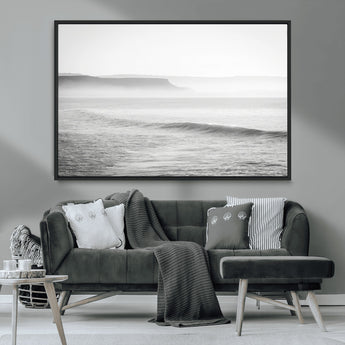 60635783-MGV-CV-36X24-Black White Seascape Wall Art Canvas Print, Framed Ocean Waves Art Picture Print, Misty Coastal Perfect Minimalist Coastal Decor