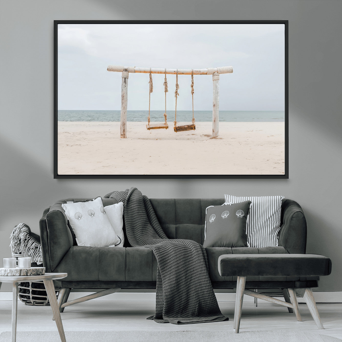 68327283-MGV-CV-36X24-Beach Swing Wall Art Canvas Print, Framed Quiet Beach Art Picture Print, Calm Shoreline Perfect Bohemian Coastal Decor Artwork