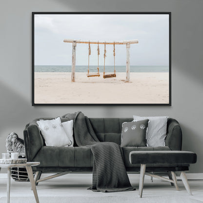 68327283-MGV-CV-36X24-Beach Swing Wall Art Canvas Print, Framed Quiet Beach Art Picture Print, Calm Shoreline Perfect Bohemian Coastal Decor Artwork