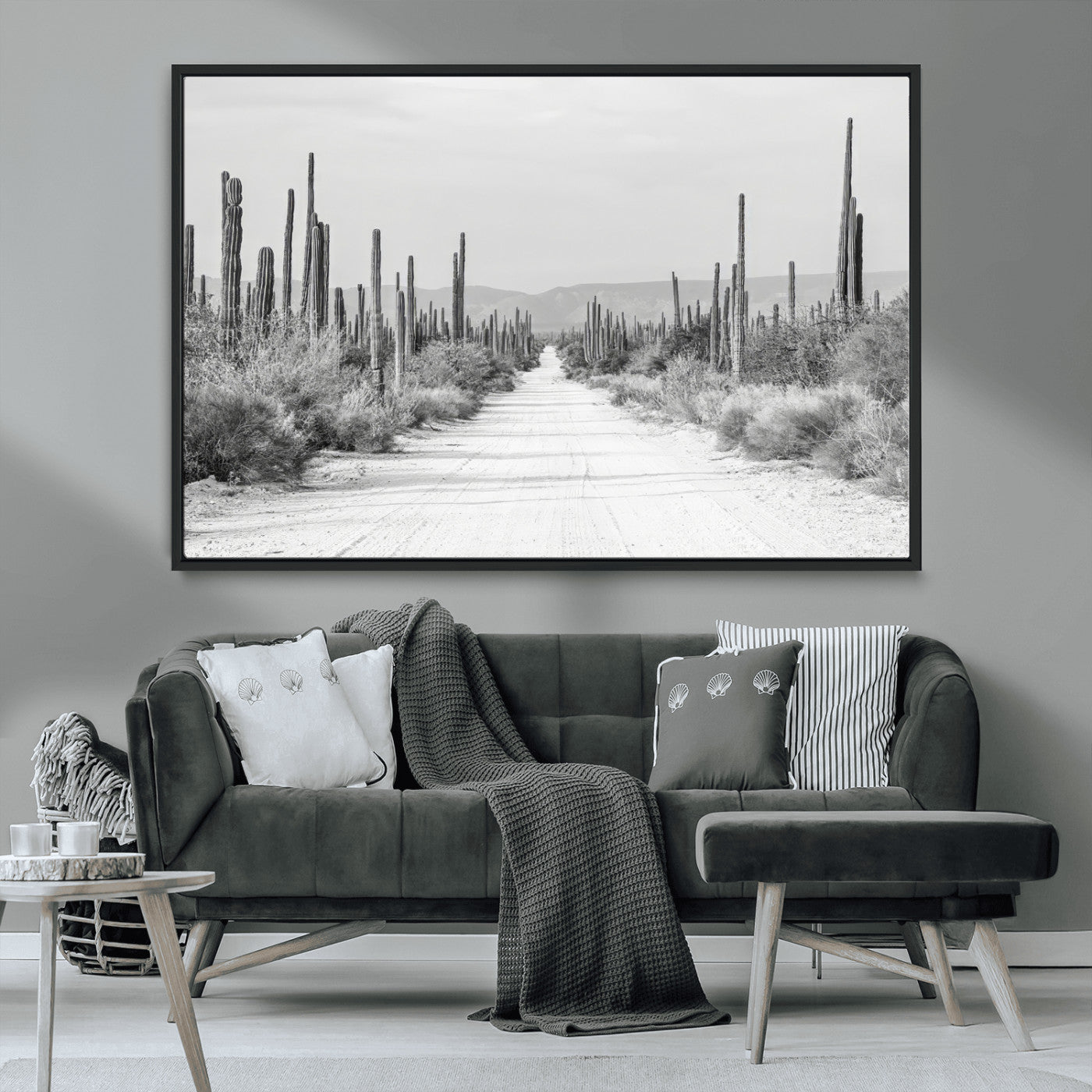 35537313-MGV-CV-36X24-Monochrome Desert Wall Art Canvas Print, Framed Cactus Path Art Picture Print, Southwestern Landscape Perfect Southwestern