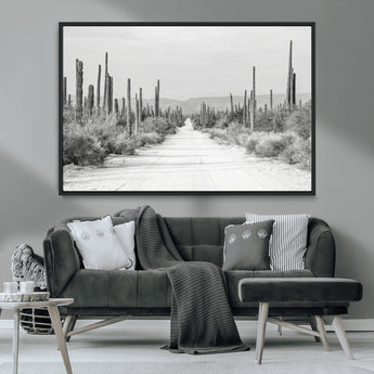 35537313-MGV-CV-36X24-Monochrome Desert Wall Art Canvas Print, Framed Cactus Path Art Picture Print, Southwestern Landscape Perfect Southwestern