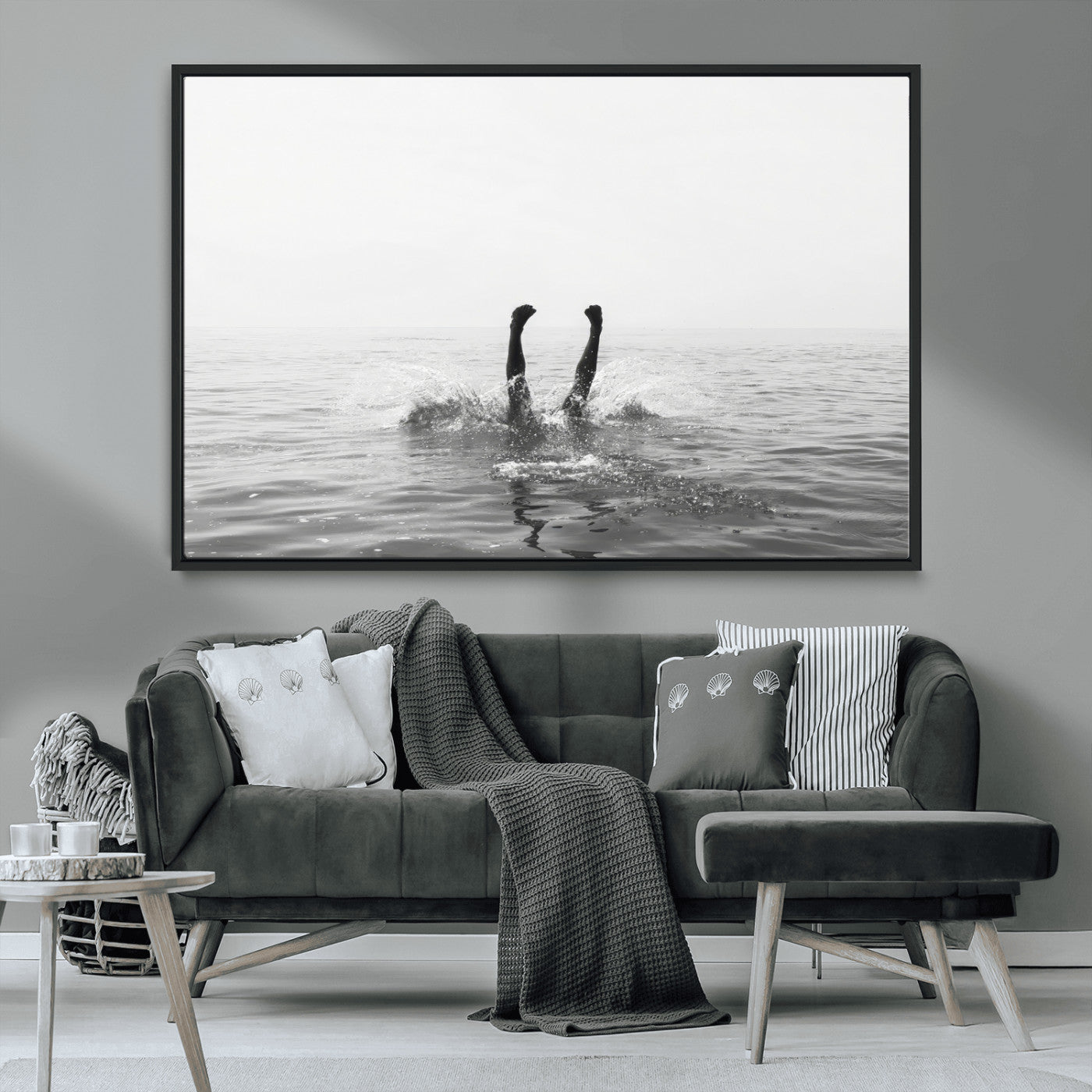 26667396-MGV-CV-36X24-Black White Ocean Wall Art Canvas Print, Framed Monochrome Water Art Picture Print, Diving into Water Perfect Minimalist Aquatic