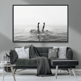 26667396-MGV-CV-36X24-Black White Ocean Wall Art Canvas Print, Framed Monochrome Water Art Picture Print, Diving into Water Perfect Minimalist Aquatic