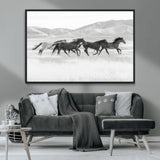 69934913-MGV-CV-36X24-Wild Horses Running Wall Art Canvas Print, Framed Black White Mustangs Art Picture Print, Rustic Western Perfect Rustic Western