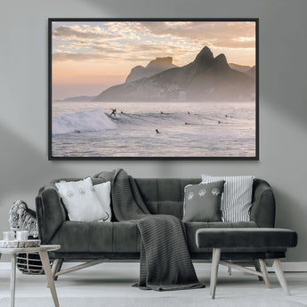 70644906-MGV-CV-36X24-Sunset Surfing Wall Art Canvas Print, Framed Misty Mountains Art Picture Print, Surfer Riding Wave Perfect Coastal Adventure Decor