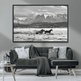 21655040-MGV-CV-36X24-Wild Horses Wall Art Canvas Print, Framed Black White Mountains Art Picture Print, Rustic Countryside Perfect Rustic Western Decor