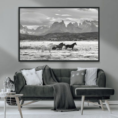 21655040-MGV-CV-36X24-Wild Horses Wall Art Canvas Print, Framed Black White Mountains Art Picture Print, Rustic Countryside Perfect Rustic Western Decor