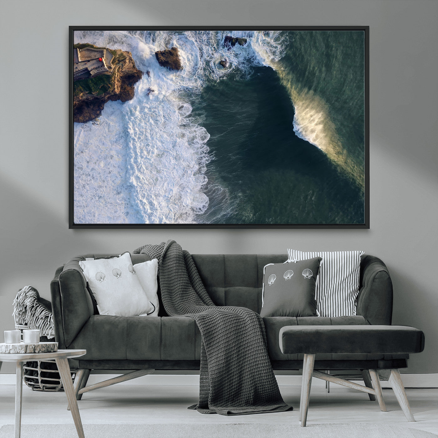 37405684-MGV-FC-36X24_Black-Nazaré Coast Wall Art Canvas Print, Framed Aerial Ocean Art Picture Print, Coastal Fortress Perfect Dramatic Coastal Decor Artwork