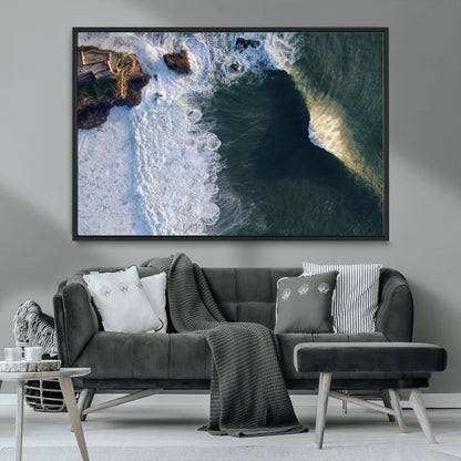 37405684-MGV-FC-36X24_Black-Nazaré Coast Wall Art Canvas Print, Framed Aerial Ocean Art Picture Print, Coastal Fortress Perfect Dramatic Coastal Decor Artwork