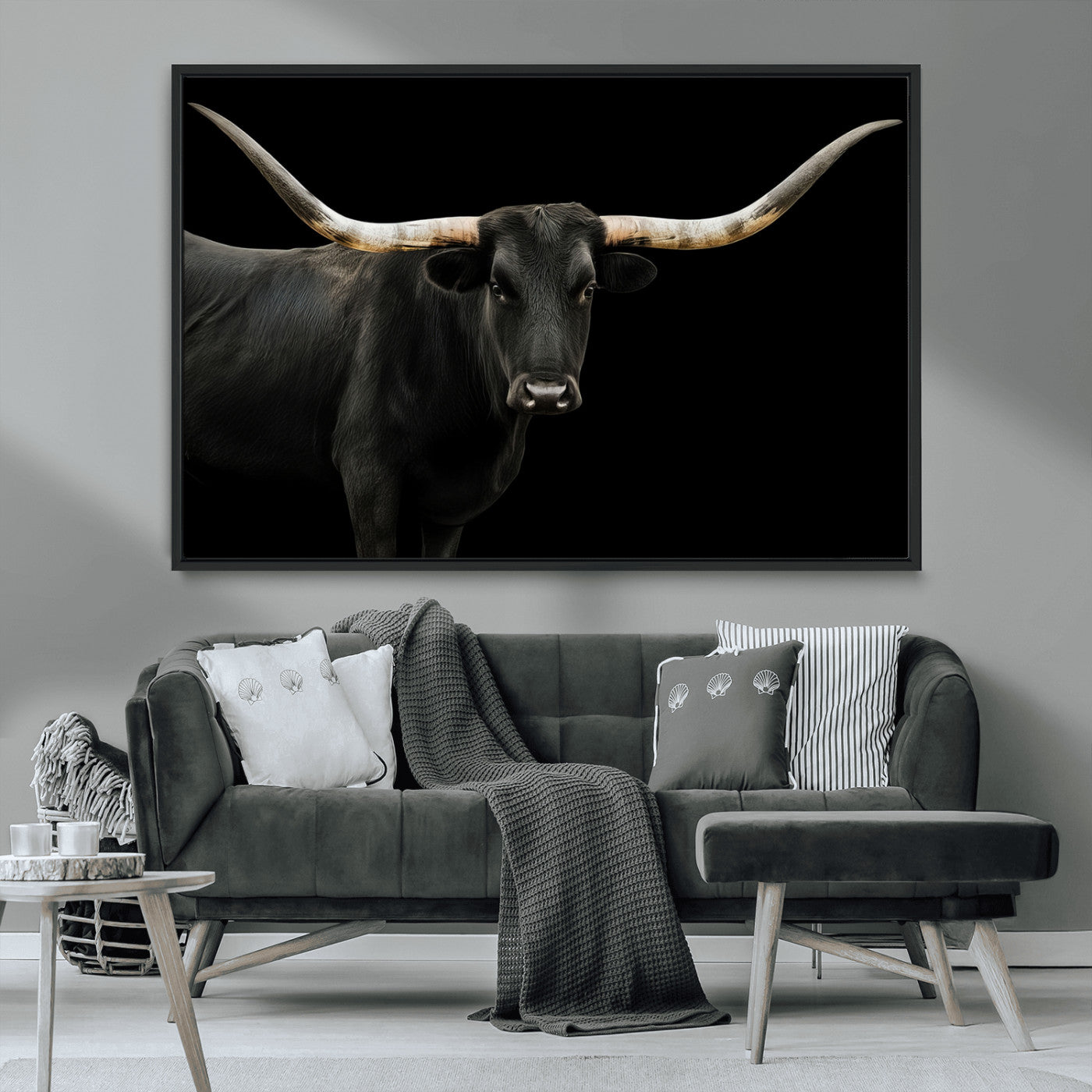 99448328-MGV-CV-36X24-Longhorn Cattle Wall Art Canvas Print, Framed Texas Ranch Art Picture Print, Western Cow Perfect Farmhouse Decor Artwork