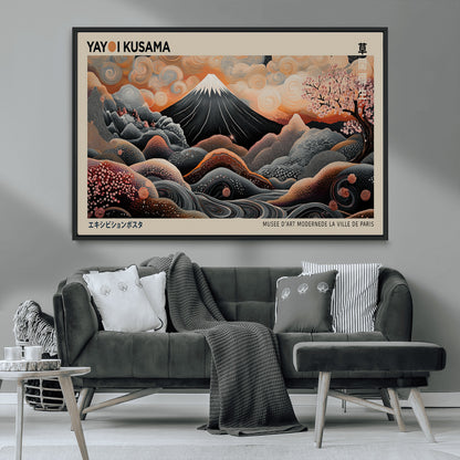 55739266-MGV-CV-36X24-Japanese Wall Art Print – Abstract Yayoi Kusama Inspired Dotted Landscape Poster, Surreal Oriental Mountain and Cherry Blossom