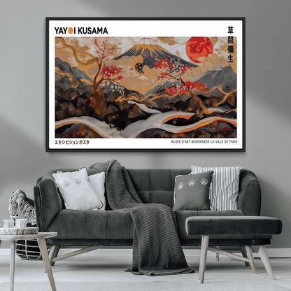 40959107-MGV-CV-36X24-Japanese Fuji Wall Art Print – Red Sun & Cherry Blossom Poster, Gold Wave Ukiyo-e Inspired Modern Japan Landscape Painting,