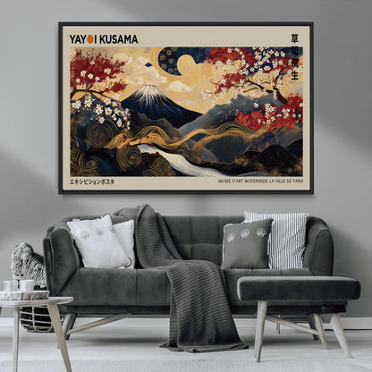 54967195-MGV-CV-36X24-Mount Fuji Wall Art – Japanese Cherry Blossom Abstract Canvas Print, Navy Gold Landscape Painting, Oriental Luxury Home Decor