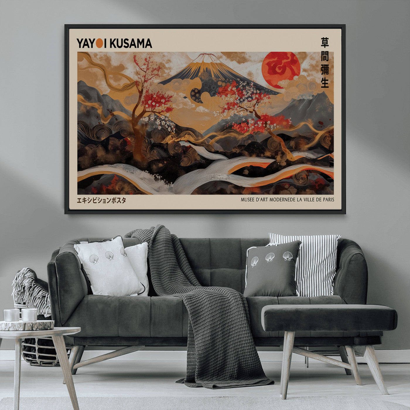 77970791-MGV-CV-36X24-Mount Fuji Golden Abstract Wall Art – Japanese Landscape Canvas Poster, Cherry Blossom & Red Sun Painting, Elegant Zen Oriental