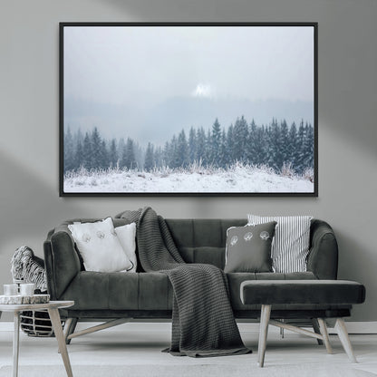 33033082-MGV-CV-36X24-Winter Forest Art Wall Art Canvas Print, Framed Snowy Landscape Art Picture Print, Misty Tree Scene Perfect Nordic Minimalist