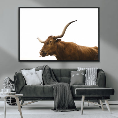 62566114-MGV-CV-36X24-Longhorn Cow Art Wall Art Canvas Print, Framed Rustic Animal Decor Art Picture Print, Texas Bull Photo Perfect Rustic Farmhouse