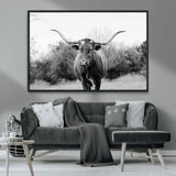 97280319-MGV-CV-36X24-Longhorn Photography Wall Art Canvas Print, Framed Western Cow Decor Art Picture Print, Texas Ranch Style Perfect Rustic Farmhouse