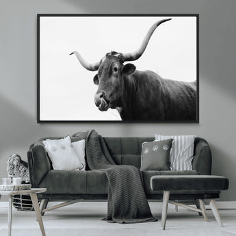 99244177-MGV-CV-36X24-Longhorn Photography Wall Art Canvas Print, Framed Western Cow Decor Art Picture Print, Black White Bull Perfect Modern Rustic