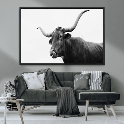 99244177-MGV-CV-36X24-Longhorn Photography Wall Art Canvas Print, Framed Western Cow Decor Art Picture Print, Black White Bull Perfect Modern Rustic