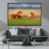 97244565-MGV-CV-36X24-Longhorn Duo Wall Art Canvas Print, Framed Cozy Ranch Vibes Art Picture Print, Western Ranch Decor Perfect Rustic Farmhouse Decor
