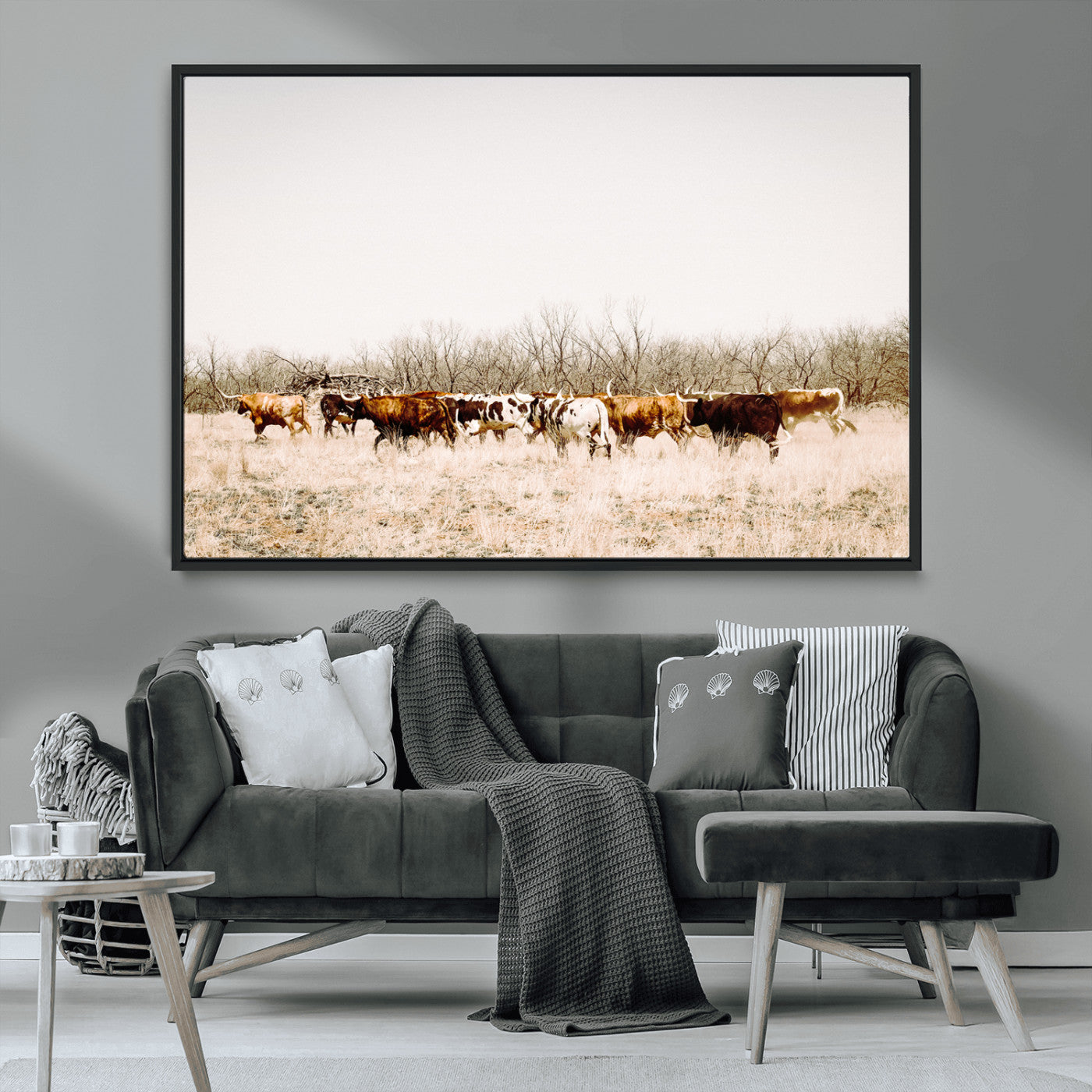 12454132-MGV-CV-36X24-Cow Herd Photography Wall Art Canvas Print, Framed Rustic Farmhouse Decor Art Picture Print, Western Ranch Style Perfect Rustic