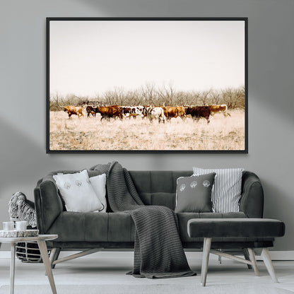 12454132-MGV-CV-36X24-Cow Herd Photography Wall Art Canvas Print, Framed Rustic Farmhouse Decor Art Picture Print, Western Ranch Style Perfect Rustic