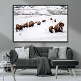 13891210-MGV-CV-36X24-Bison Herd Scene Wall Art Canvas Print, Framed Western Wildlife Decor Art Picture Print, Snowy Mountain Valley Perfect Rustic