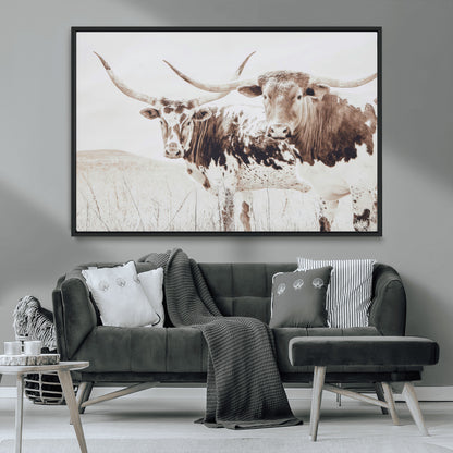 48161868-MGV-CV-36X24-Longhorn Cow Decor Wall Art Canvas Print, Framed Rustic Cattle Art Picture Print, Sepia Western Vibe Perfect Neutral Rustic