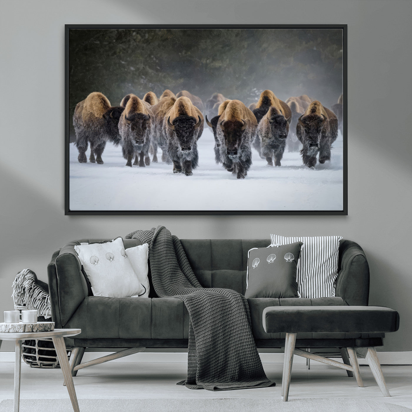 41669135-MGV-CV-36X24-Bison Herd Scene Wall Art Canvas Print, Framed Rustic Wildlife Decor Art Picture Print, Snowy Bison Landscape Perfect Rustic