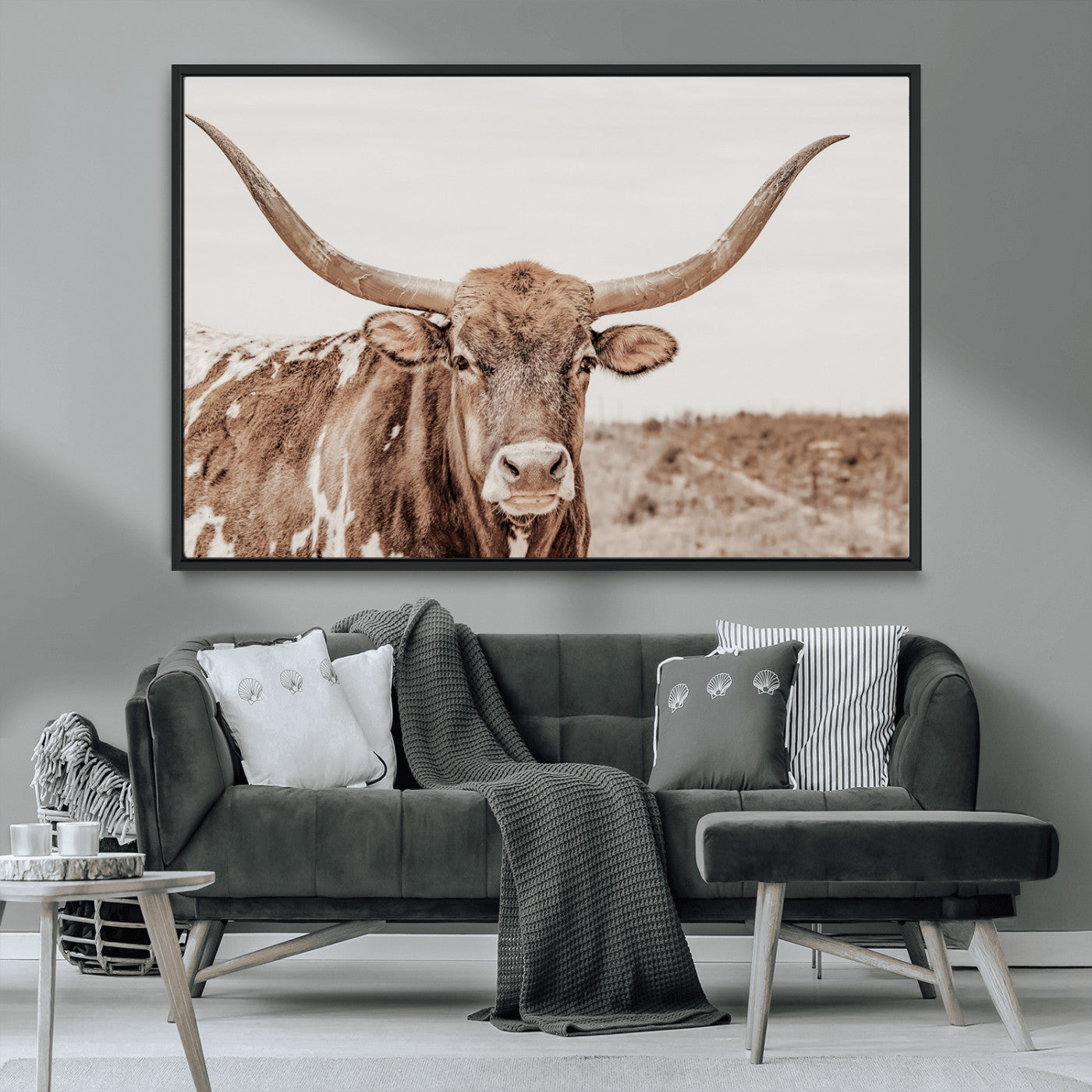 77810049-MGV-CV-36X24-Longhorn Bull Photo Wall Art Canvas Print, Framed Rustic Cow Decor Art Picture Print, Neutral Farmhouse Style Perfect Rustic