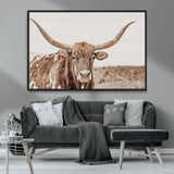 77810049-MGV-CV-36X24-Longhorn Bull Photo Wall Art Canvas Print, Framed Rustic Cow Decor Art Picture Print, Neutral Farmhouse Style Perfect Rustic