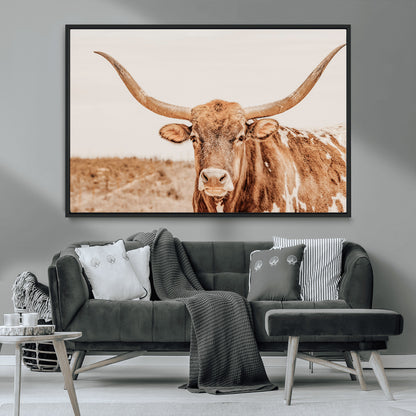 74406977-MGV-CV-36X24-Longhorn Bull Decor Wall Art Canvas Print, Framed Western Cow Theme Art Picture Print, Rustic Farmhouse Wall Perfect Neutral