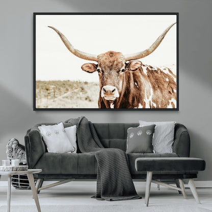 98924580-MGV-CV-36X24-Texas Longhorn Bull Wall Art Canvas Print, Framed Rustic Farmhouse Decor Art Picture Print, Western Animal Theme Perfect Rustic