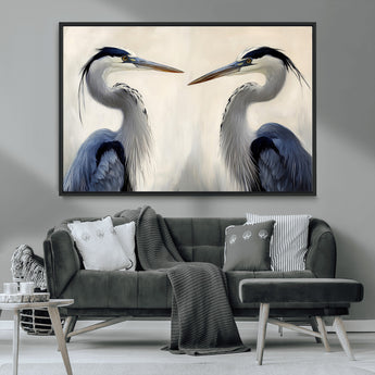 18230556-MGV-CV-36X24-Blue Heron Pair Wall Art Canvas Print, Framed Coastal Bird Theme Art Picture Print, Tranquil Wildlife Scene Perfect Coastal