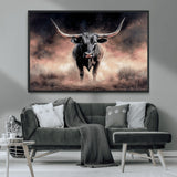 71457818-MGV-CV-36X24-Longhorn Wall Art Wall Art Canvas Print, Framed Western Bull Canvas Art Picture Print, Rustic Cow Decor Perfect Western Dramatic