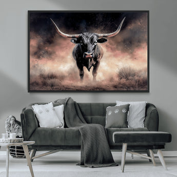 71457818-MGV-CV-36X24-Longhorn Wall Art Wall Art Canvas Print, Framed Western Bull Canvas Art Picture Print, Rustic Cow Decor Perfect Western Dramatic