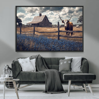 51092814-MGV-CV-36X24-Texas Longhorn Wall Art Wall Art Canvas Print, Framed Rustic Barn Canvas Art Picture Print, Farmhouse Cow Decor Perfect Rustic