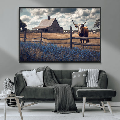 51092814-MGV-CV-36X24-Texas Longhorn Wall Art Wall Art Canvas Print, Framed Rustic Barn Canvas Art Picture Print, Farmhouse Cow Decor Perfect Rustic