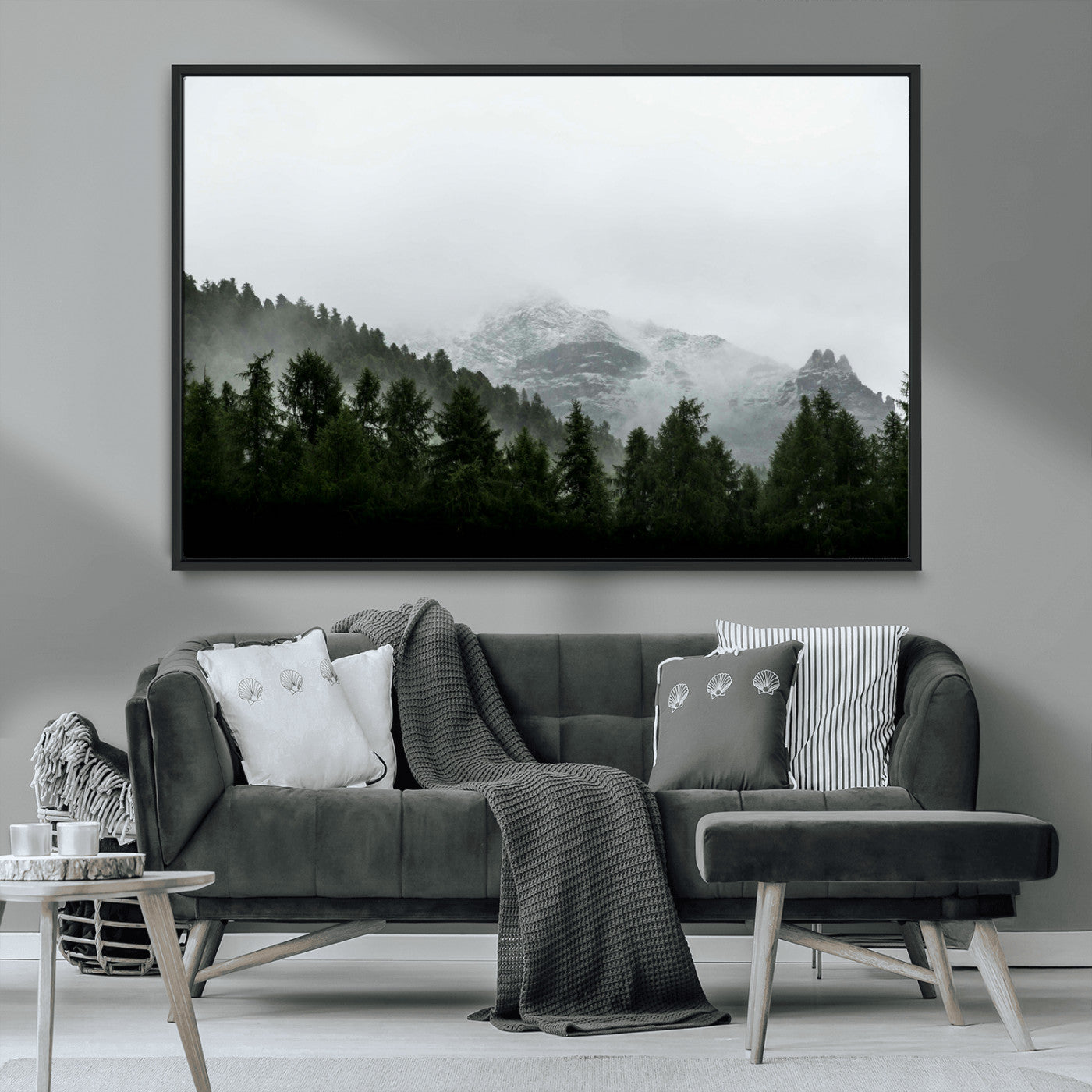 55968349-MGV-CV-36X24-Misty Mountains Wall Art Canvas Print, Framed Foggy Forest Art Picture Print, Snowy Peaks Perfect Moody Wilderness Decor Artwork