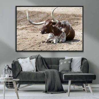 76549210-MGV-CV-36X24-Texas Longhorn Wall Art Canvas Print, Framed Country Living Art Picture Print, Farmhouse Aesthetic Perfect Western Rustic Decor