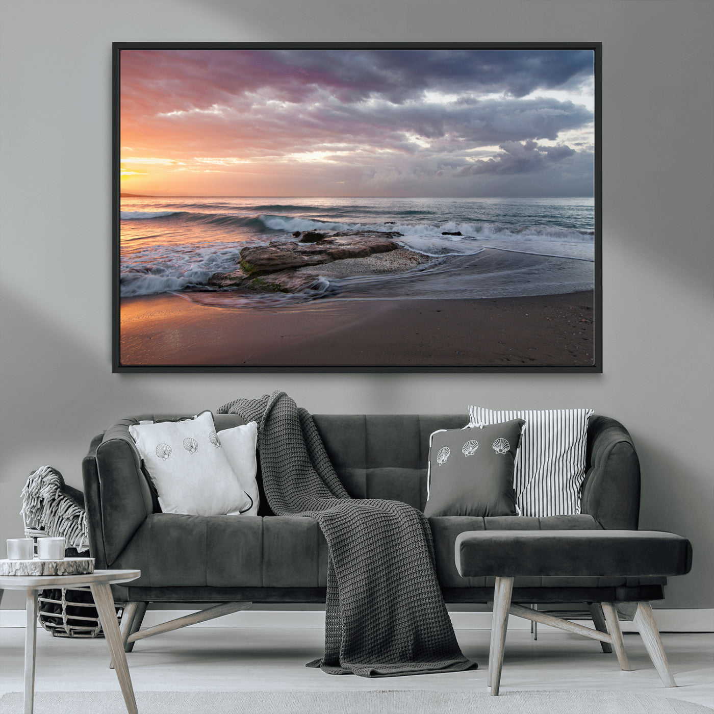 94208089-MGV-CV-36X24-Golden Hour Wall Art Canvas Print, Framed Tranquil Waves Art Picture Print, Beach Horizon Perfect Coastal Serenity Decor Artwork