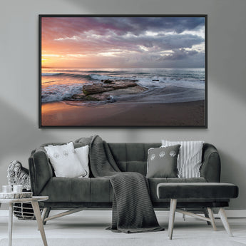 94208089-MGV-CV-36X24-Golden Hour Wall Art Canvas Print, Framed Tranquil Waves Art Picture Print, Beach Horizon Perfect Coastal Serenity Decor Artwork