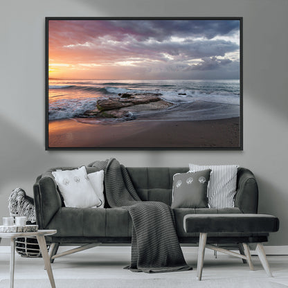 94208089-MGV-CV-36X24-Golden Hour Wall Art Canvas Print, Framed Tranquil Waves Art Picture Print, Beach Horizon Perfect Coastal Serenity Decor Artwork
